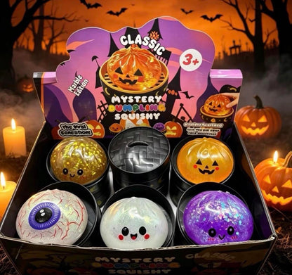 Halloween Glitter Dumpling Squishy Toy 8.5cm – Pectin Gel Sensory Fidget in Steamer Basket (Jack-o'-Lantern, Eyeball, Ghost)