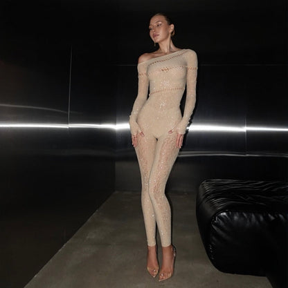 Perfectly Imperfect Rhinestone Embellished Nude Jumpsuit