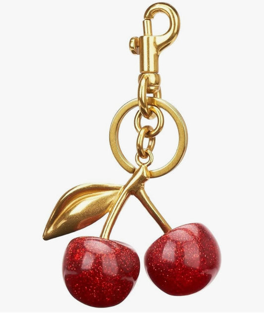 Sparkling Red Cherry Keychain - Vibrant Glitter Resin Fruit Bag Charm with Gold Swivel Clasp - Cute Accessory for Purses, Backpacks, and Keys
