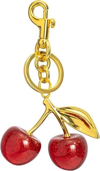 Sparkling Red Cherry Keychain - Vibrant Glitter Resin Fruit Bag Charm with Gold Swivel Clasp - Cute Accessory for Purses, Backpacks, and Keys