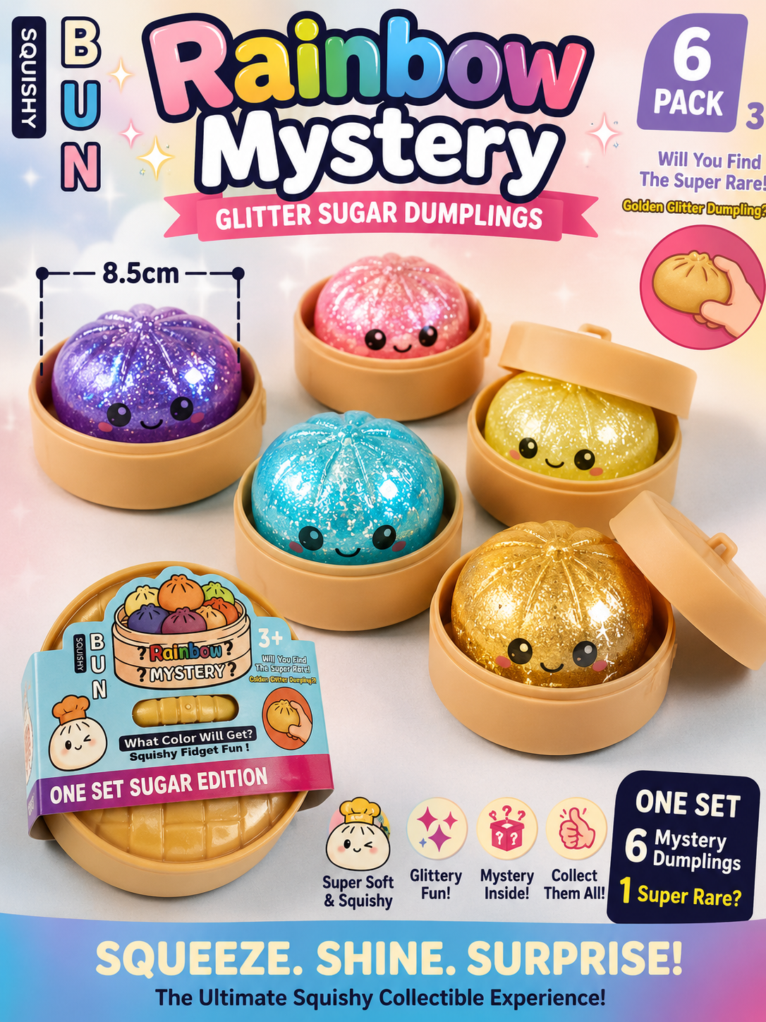 Rainbow Glitter Dumplings - Sugar Squish Squeeze 8.5cm (3.35”) Mystery Buns!