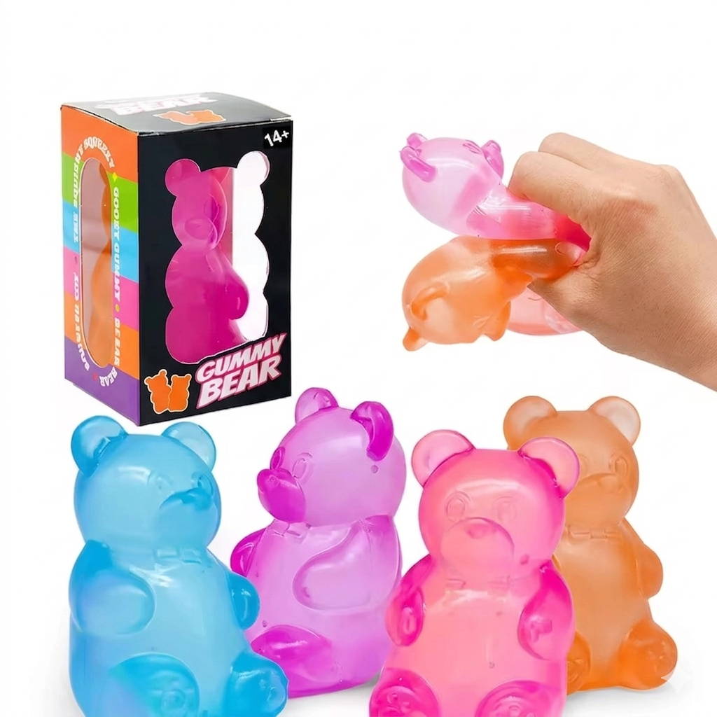 Gummy Bear Sugar Squishy Toy, Ultra-Stretch Clear TPE Sensory Stress Relief Toy, Translucent Jelly Bear Fidget 3”