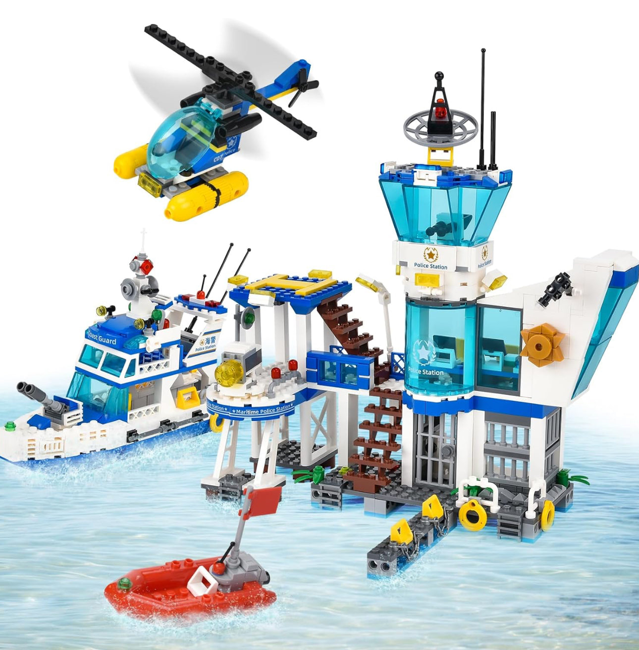 City Police Station Building Set - 850 Pieces with Military Helicopter, Boats & Cruiser - STEM Learning Construction Toy Gift for Kids Ages 6+