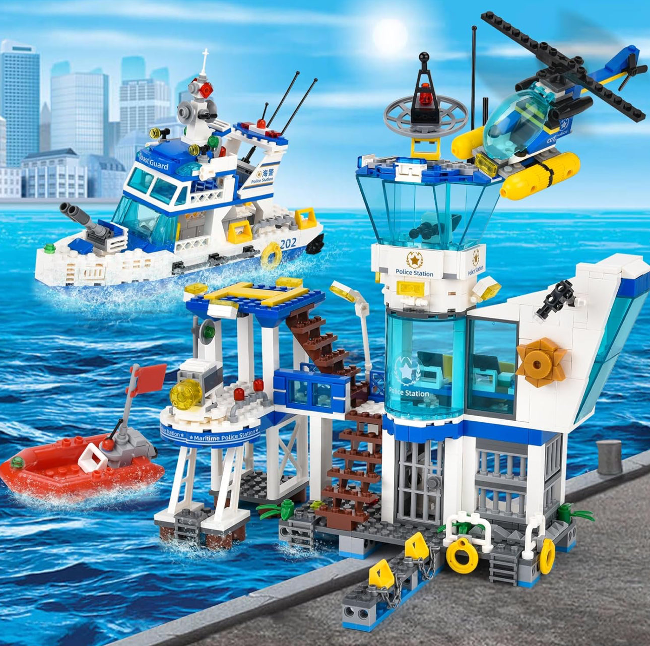 City Police Station Building Set - 850 Pieces with Military Helicopter, Boats & Cruiser - STEM Learning Construction Toy Gift for Kids Ages 6+