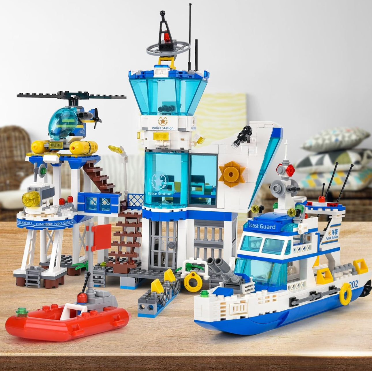 City Police Station Building Set - 850 Pieces with Military Helicopter, Boats & Cruiser - STEM Learning Construction Toy Gift for Kids Ages 6+