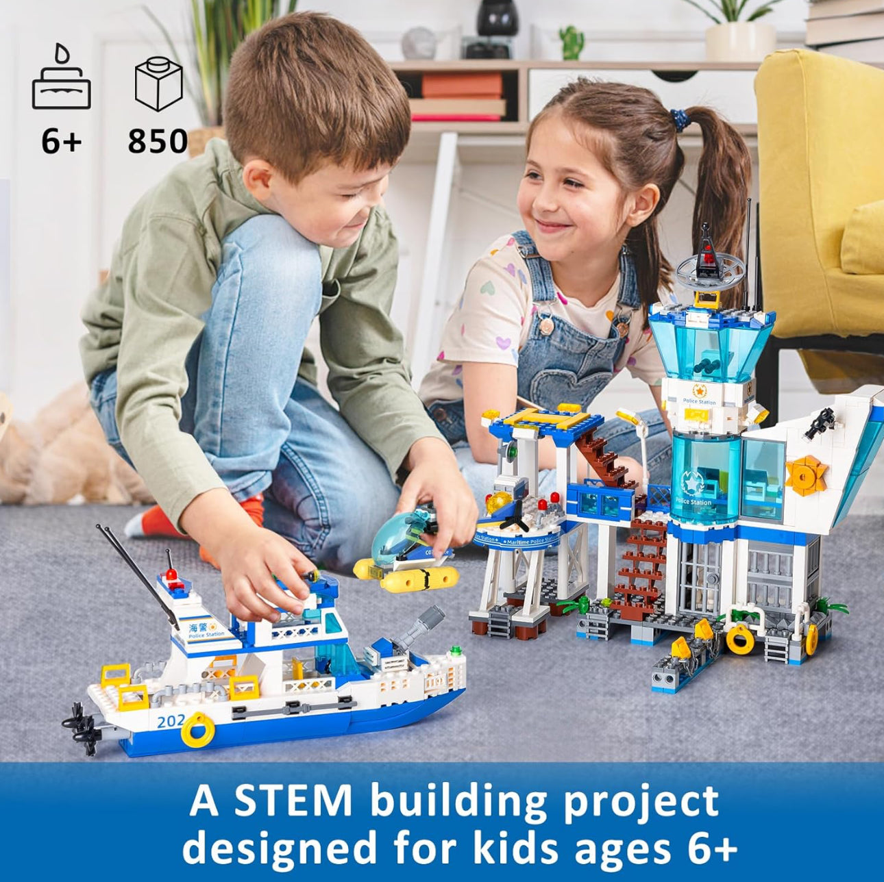 City Police Station Building Set - 850 Pieces with Military Helicopter, Boats & Cruiser - STEM Learning Construction Toy Gift for Kids Ages 6+