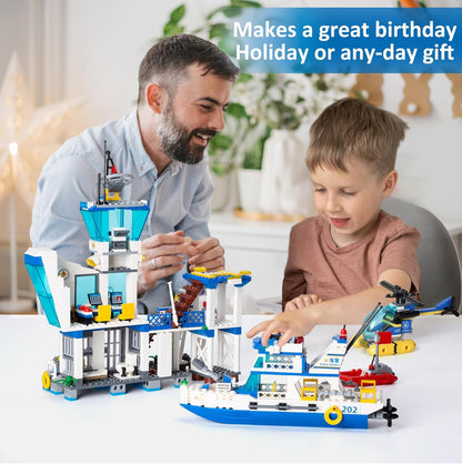 City Police Station Building Set - 850 Pieces with Military Helicopter, Boats & Cruiser - STEM Learning Construction Toy Gift for Kids Ages 6+