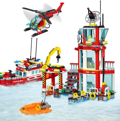 City Marine Fire Station Building Toy Set - 779 Pieces with Rescue Helicopter, Police Boat & Cruiser - STEM Learning Construction Gift for Boys & Girls Ages 6+