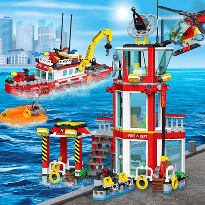 City Marine Fire Station Building Toy Set - 779 Pieces with Rescue Helicopter, Police Boat & Cruiser - STEM Learning Construction Gift for Boys & Girls Ages 6+