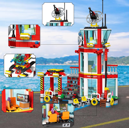 City Marine Fire Station Building Toy Set - 779 Pieces with Rescue Helicopter, Police Boat & Cruiser - STEM Learning Construction Gift for Boys & Girls Ages 6+