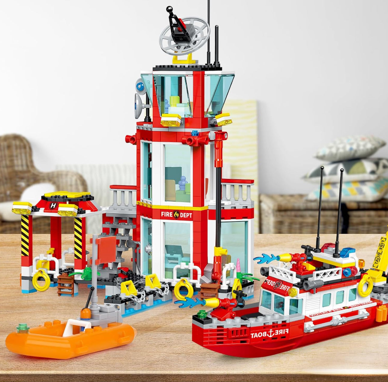 City Marine Fire Station Building Toy Set - 779 Pieces with Rescue Helicopter, Police Boat & Cruiser - STEM Learning Construction Gift for Boys & Girls Ages 6+