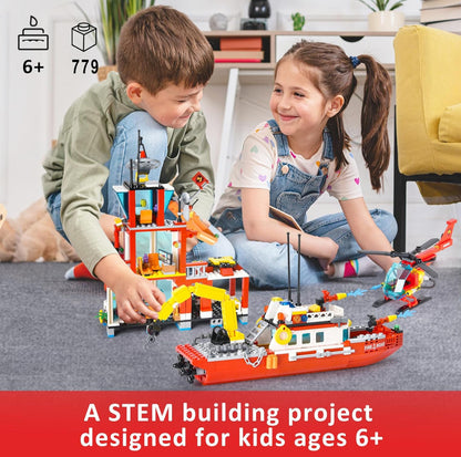 City Marine Fire Station Building Toy Set - 779 Pieces with Rescue Helicopter, Police Boat & Cruiser - STEM Learning Construction Gift for Boys & Girls Ages 6+