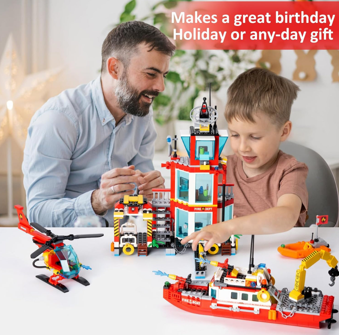 City Marine Fire Station Building Toy Set - 779 Pieces with Rescue Helicopter, Police Boat & Cruiser - STEM Learning Construction Gift for Boys & Girls Ages 6+