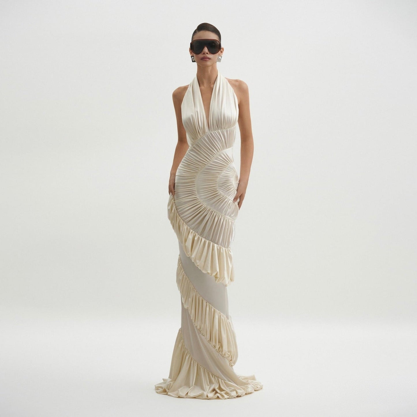 Innocence Ivory Sculpted Silk Halter Maxi Dress