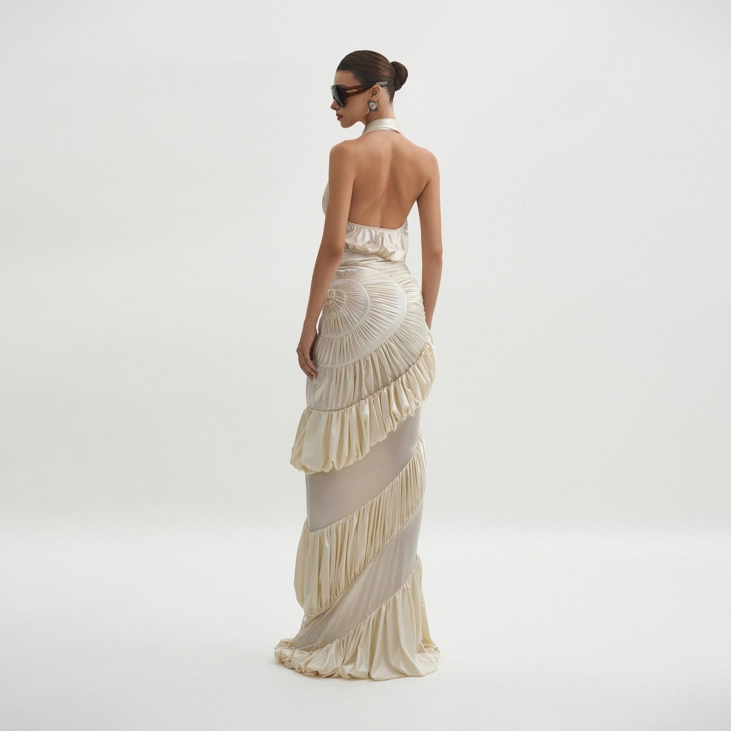 Innocence Ivory Sculpted Silk Halter Maxi Dress
