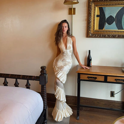 Innocence Ivory Sculpted Silk Halter Maxi Dress