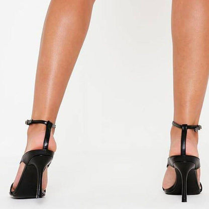 Midnight Black Faux Leather Strappy Square-Toe Heels