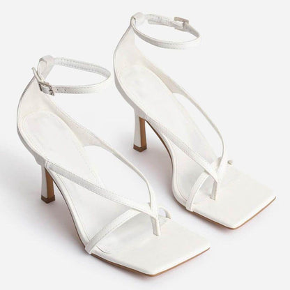 Midnight White Faux Leather Strappy Square-Toe Heels