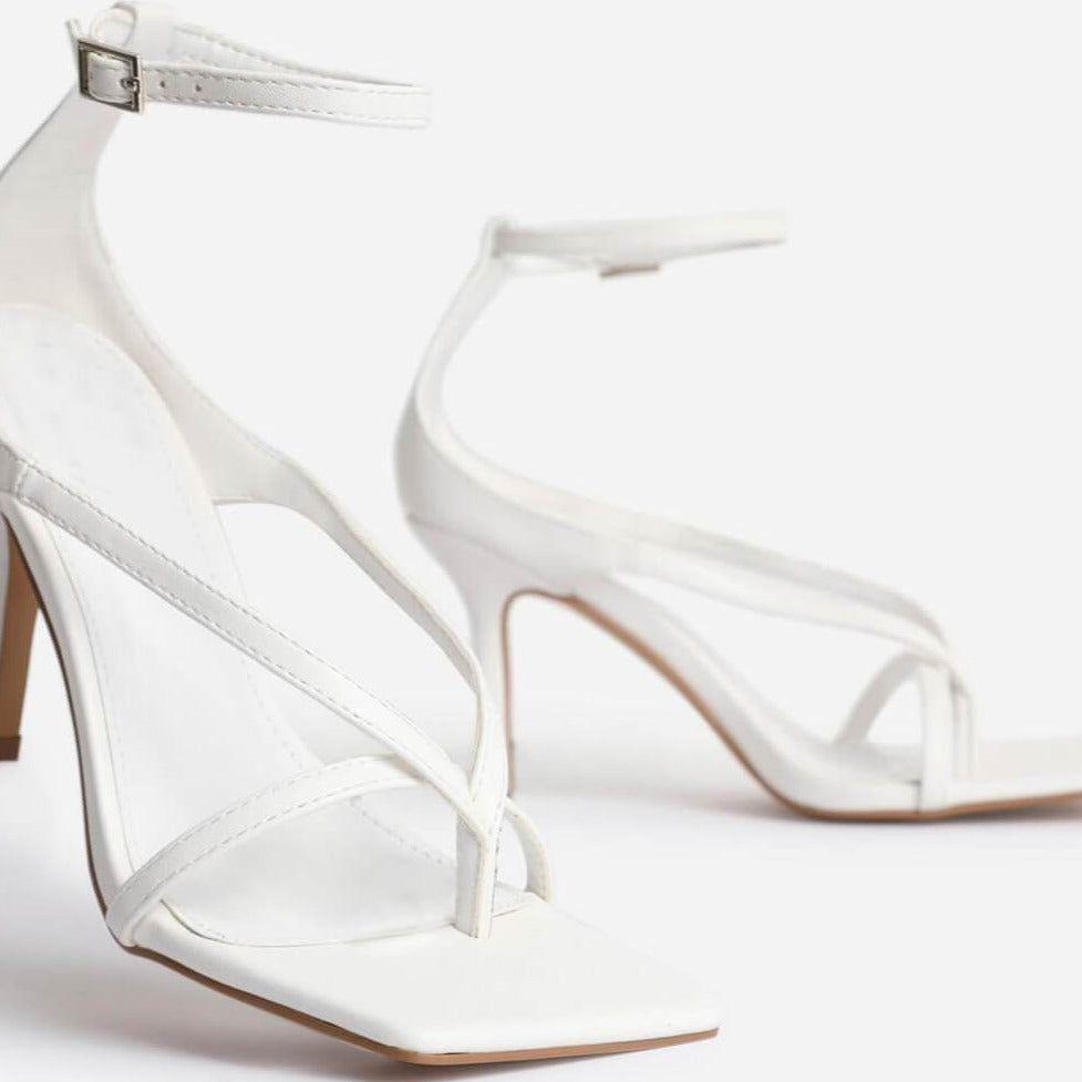 Midnight White Faux Leather Strappy Square-Toe Heels