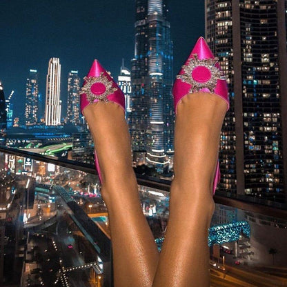 Obsessed Pointed Toe Crystal Brooch Hot Pink Heels