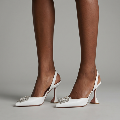 Obsessed Pointed Toe Crystal Brooch White Heels