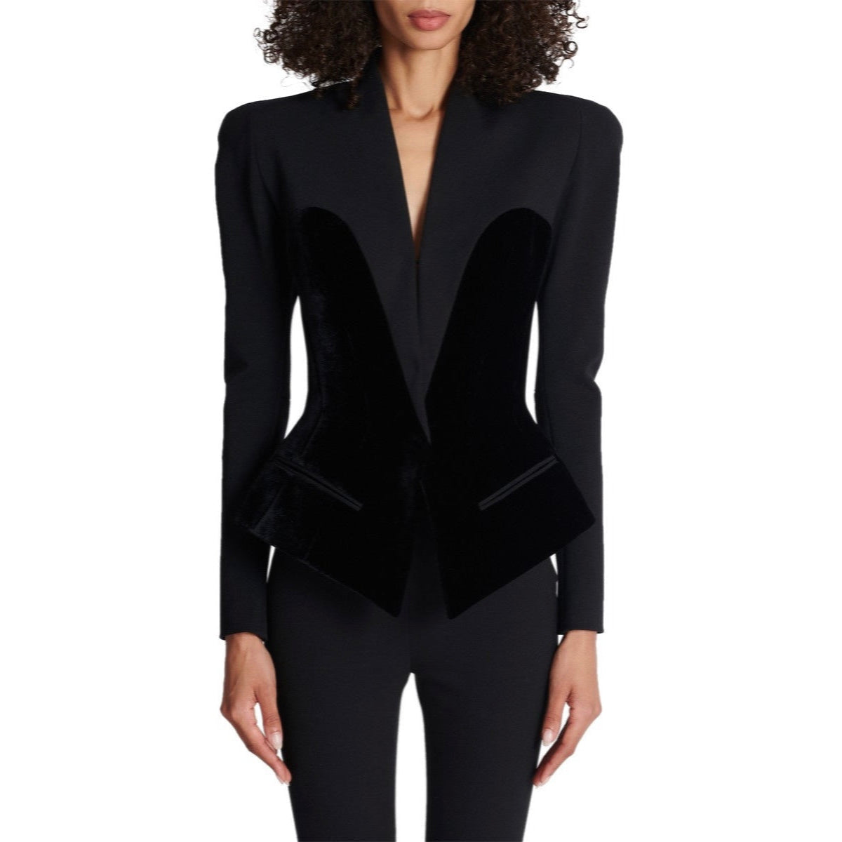 On Time Black Sculpted Velvet Tailored Jacket