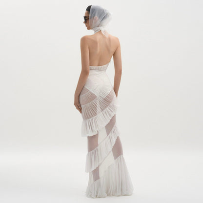 Plot Twist White Sheer Halter Maxi Dress With Built-In Bodysuit