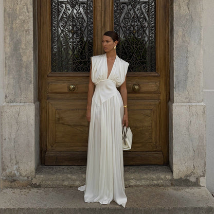 Stolen Glance White Draped Satin Maxi Dress