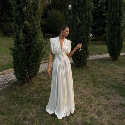 Stolen Glance White Draped Satin Maxi Dress