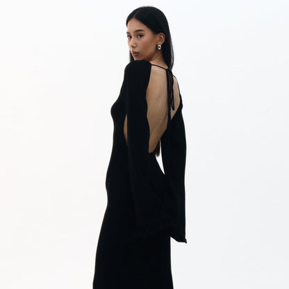 Vanilla Kiss Black Cloud-Knit Open Back Maxi Dress