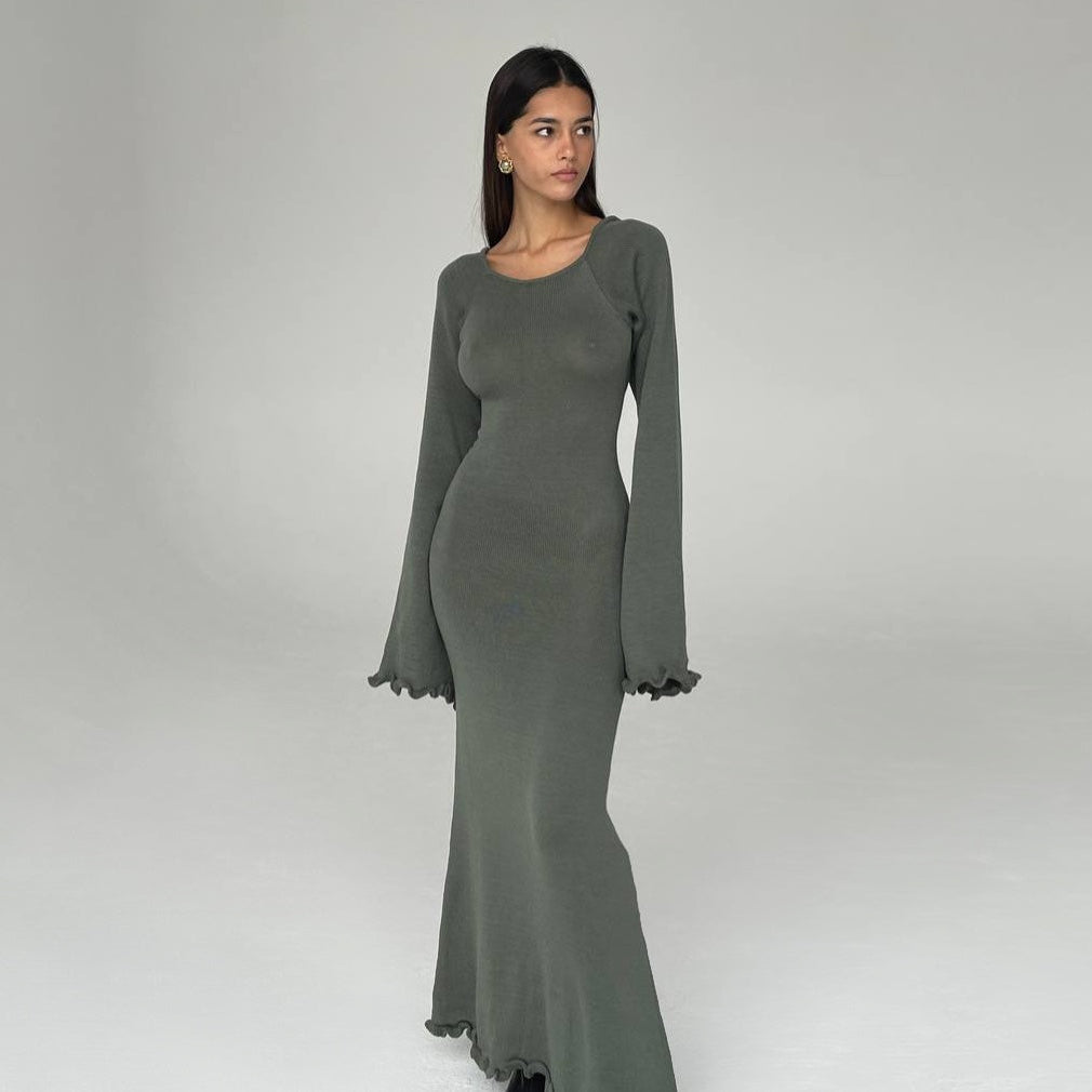 Vanilla Kiss Green Cloud-Knit Open Back Maxi Dress