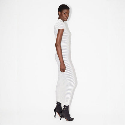 Wild Angel Short Sleeve Stripe White Knitted Midi Dress