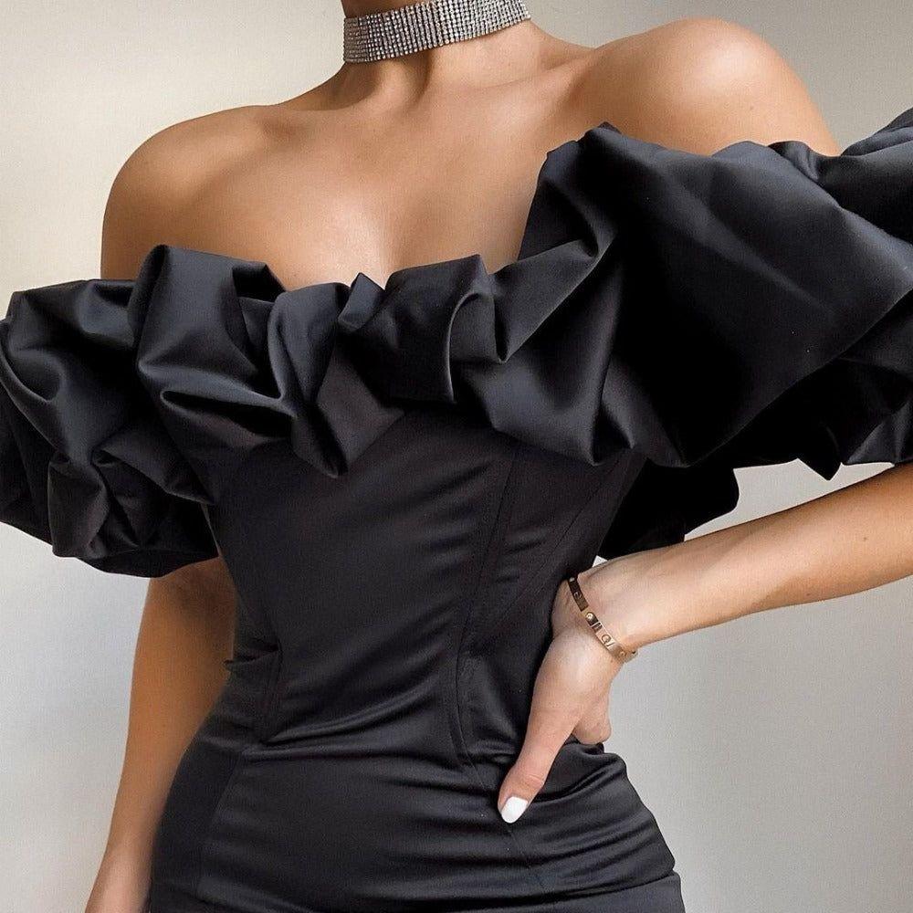 Zari Satin Ruffles Off Shoulder Black Mini Dress
