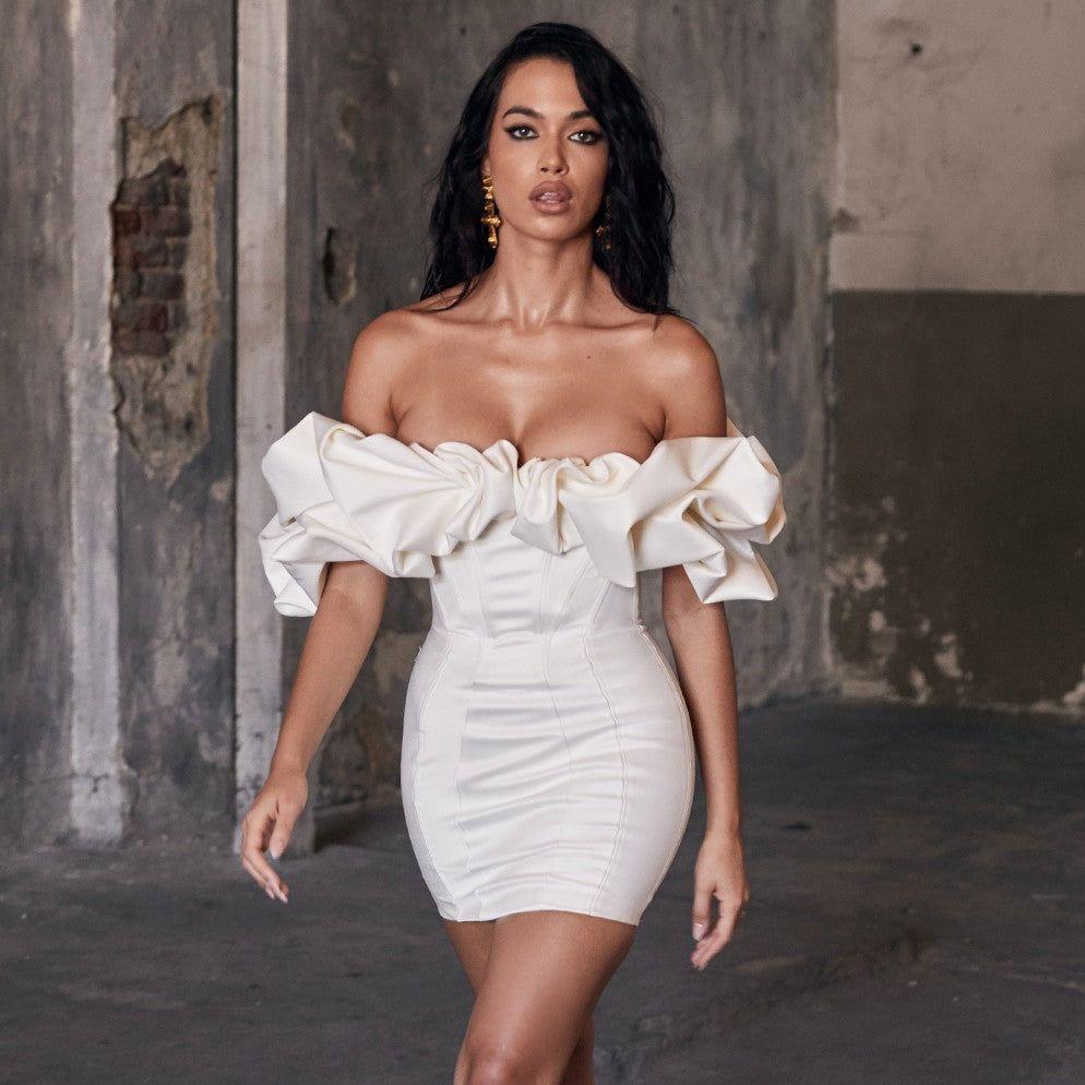Zari Satin Ruffles Off Shoulder White Mini Dress