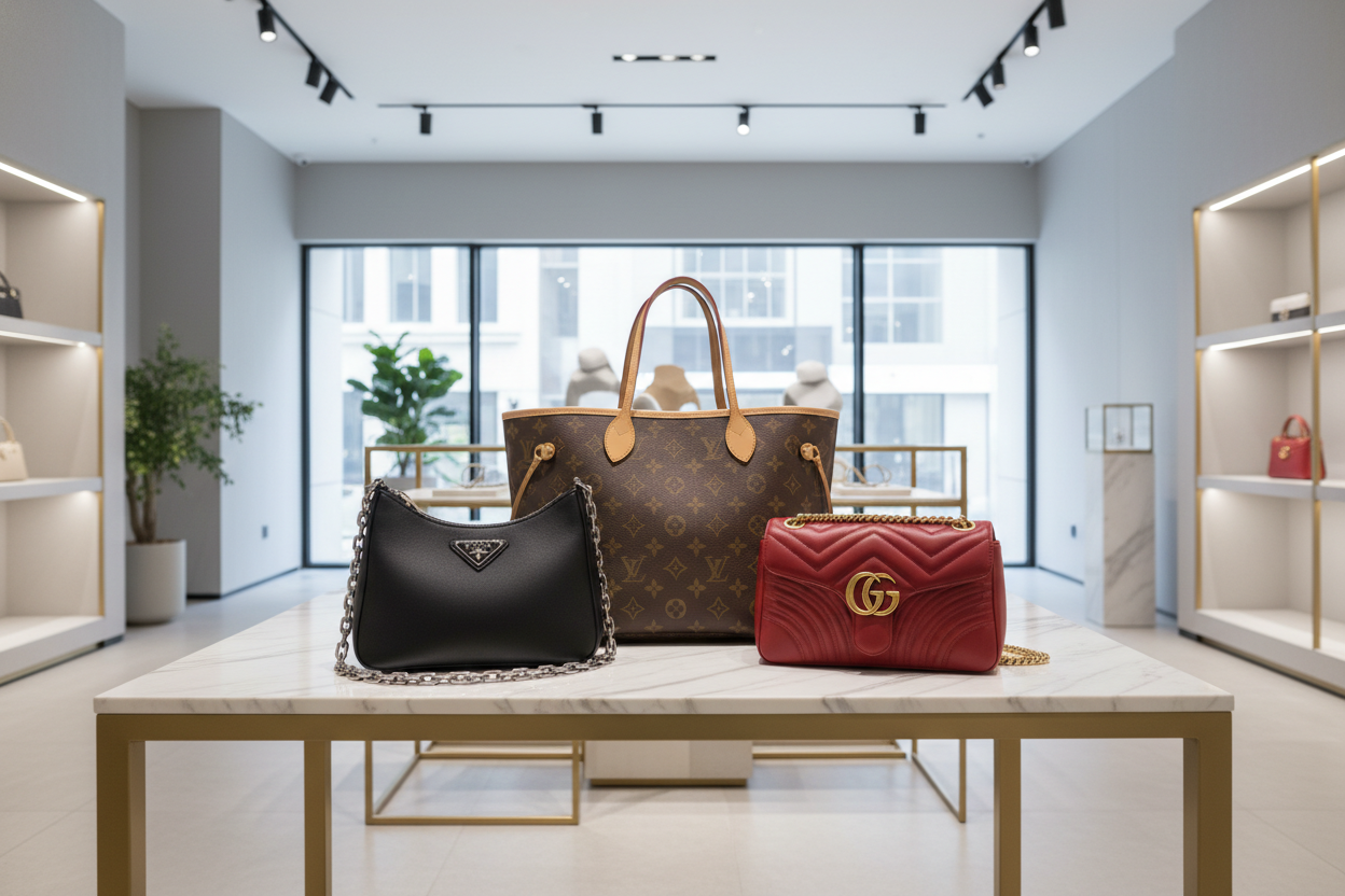 a louis vuitton neverful monogram, prada shoulder bag black and gucci marmont red on a showroom table together