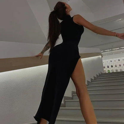 A New Me Chic Black High Split Midi Dress