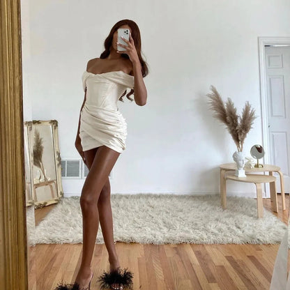 Agata White Satin Evening Mini Dress