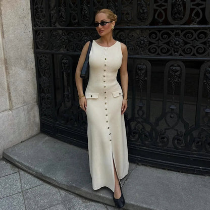 Albion Sleeveless Buttoned White Maxi Dress