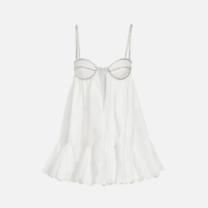 Astrid White Poplin Scalloped Hem Mini Dress