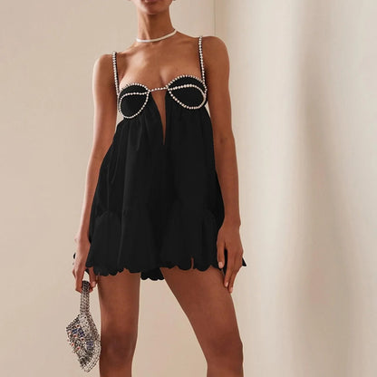 Astrid Black Poplin Scalloped Hem Mini Dress