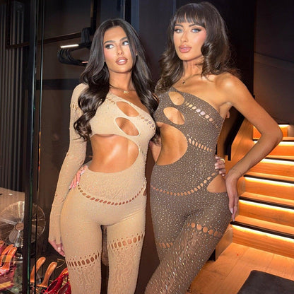 Bad Girl Rhinestone Embellished Nude Jumpsuit