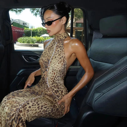 Bengal Beauty Leopard Print Backless Maxi Dress