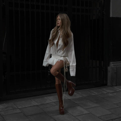 BouChic Pleated Shirt Mini Dress with Floral Belt