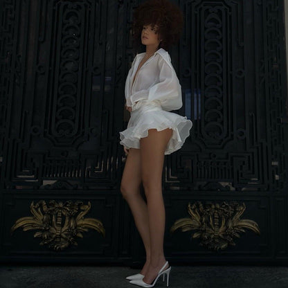 BouChic Pleated Shirt Mini Dress with Floral Belt