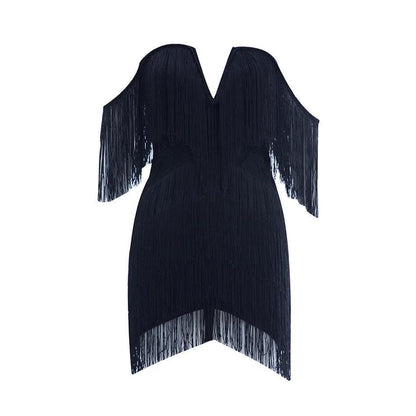 Celestial Chic Black Tassel Off-Shoulder Mini Dress