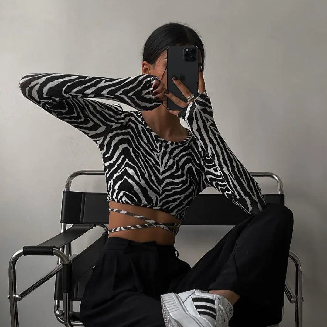 Christy Zebra Print Long Sleeve Crop Top