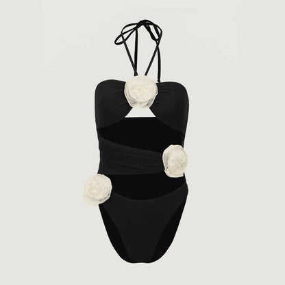 Coastal Charm Rose Black & White One-Piece Swimsuit