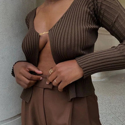 Cosmopolitan Brown Ribbed Knit Chain Detail Top