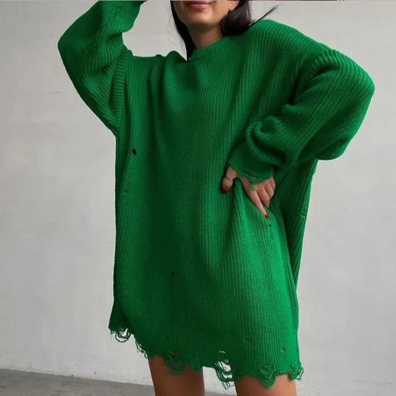 Cover Girl Green Broken Solid Color Loose Sweater