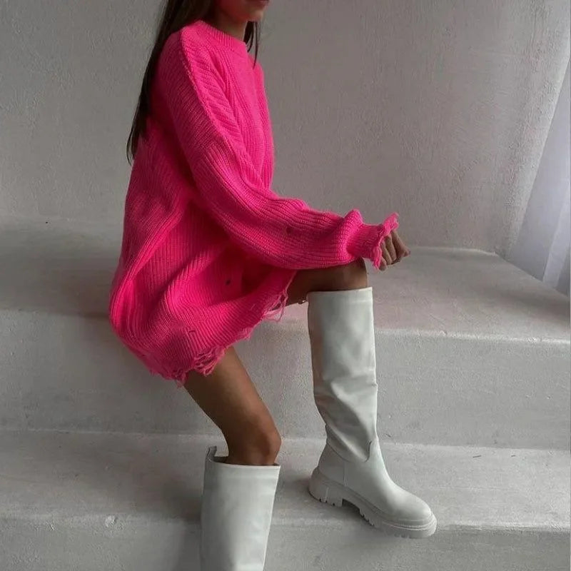 Cover Girl Hot Pink Broken Solid Color Loose Sweater